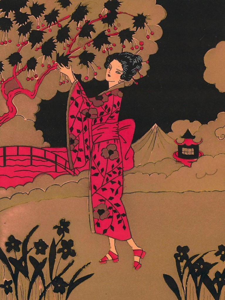 Art Deco Pochoir of Woman with Cherry Tree