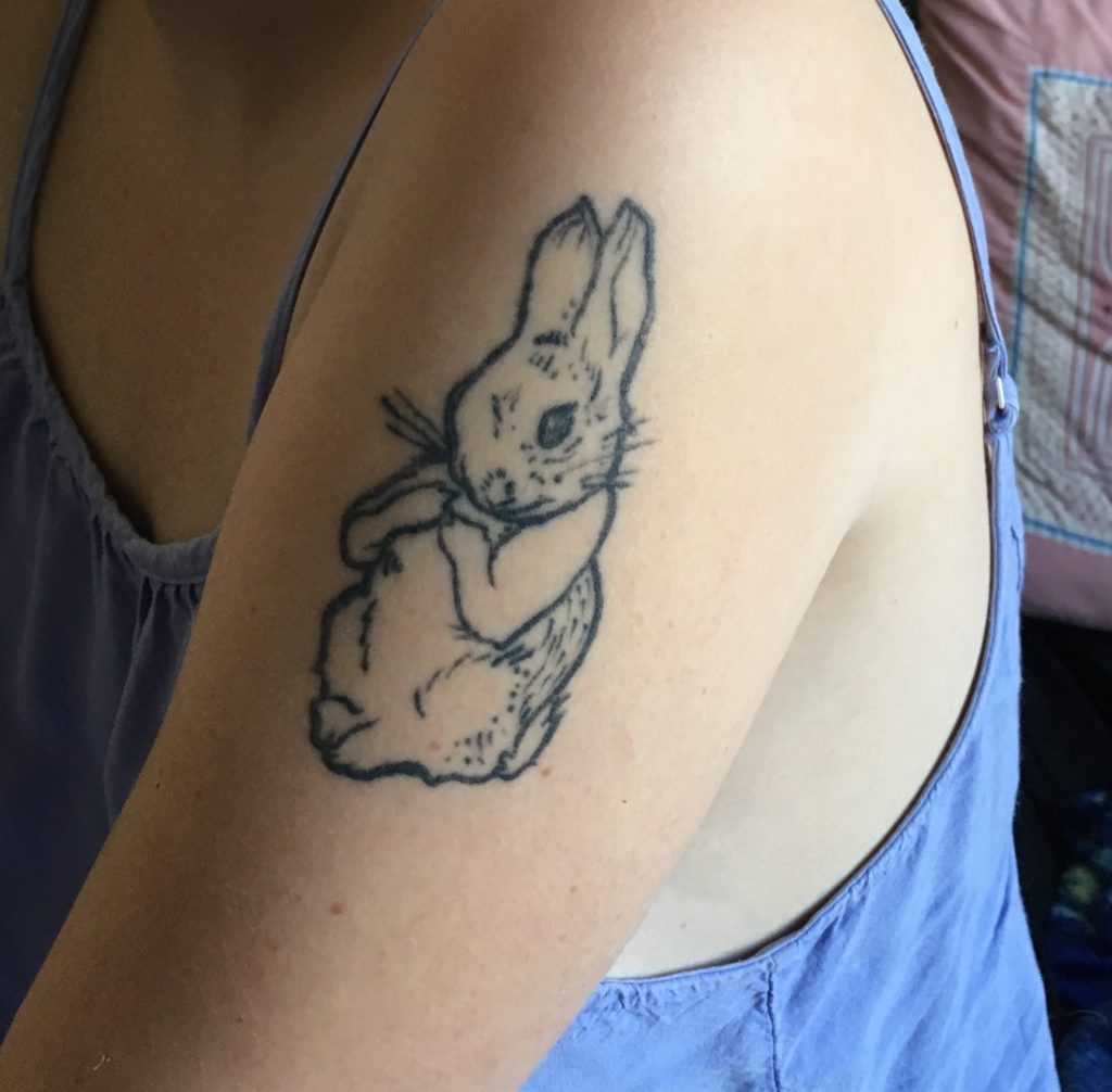 In the style of Beatrix Potter, drawn and tattooed by Stevie Varin.